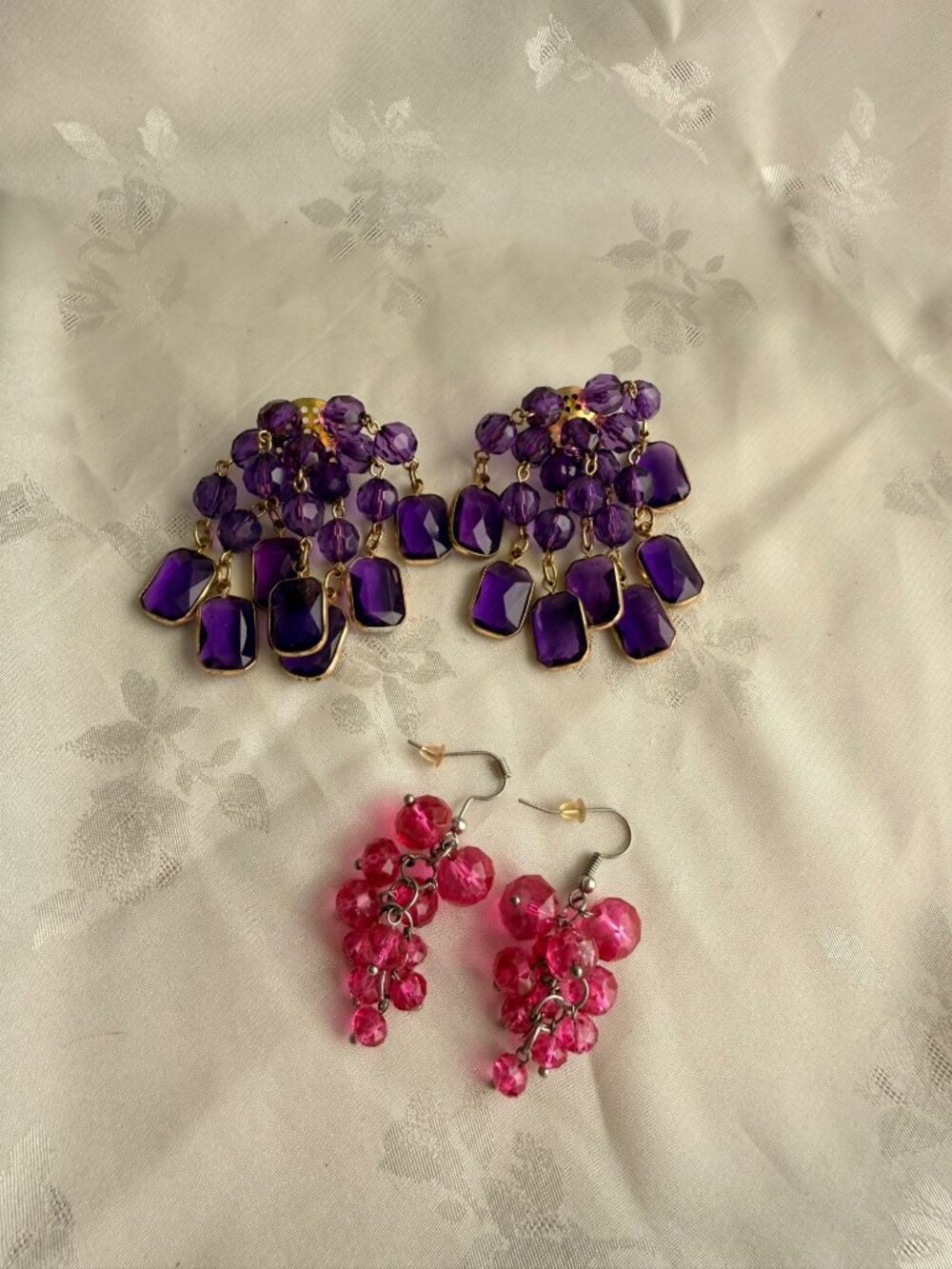 2-Pairs - Retro 90's Purple & Pink Bead Drop Earring Set & Dangle Styles